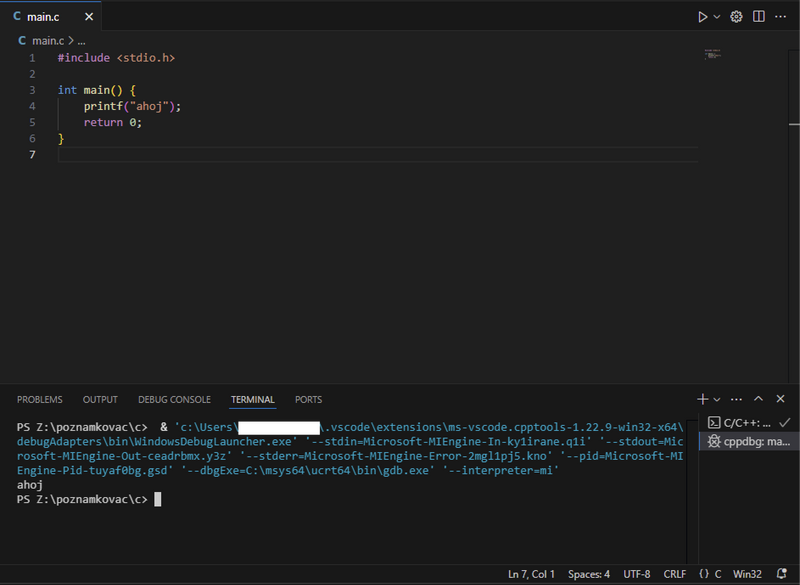 Súbor:Výstup prvého programu v C vo VS Code.png